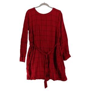 A New Day Windowpane Dress XL Red Belt Tie Stretchy Waist Classic Pockets‎ Plaid